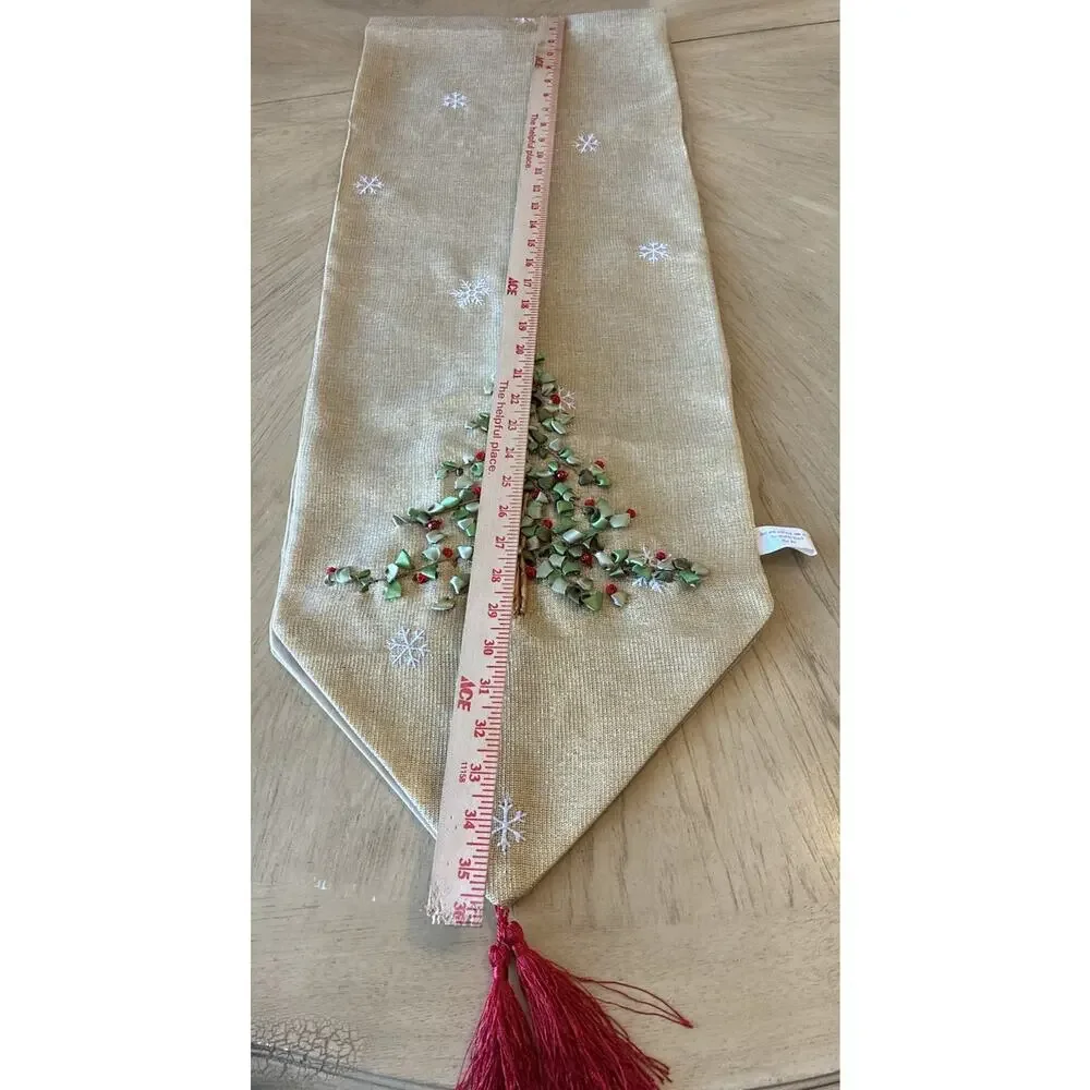 Christmas Table Runner Gold Sparkle Ribbon Embroidered Tree Tassels XMAS 72 X 13